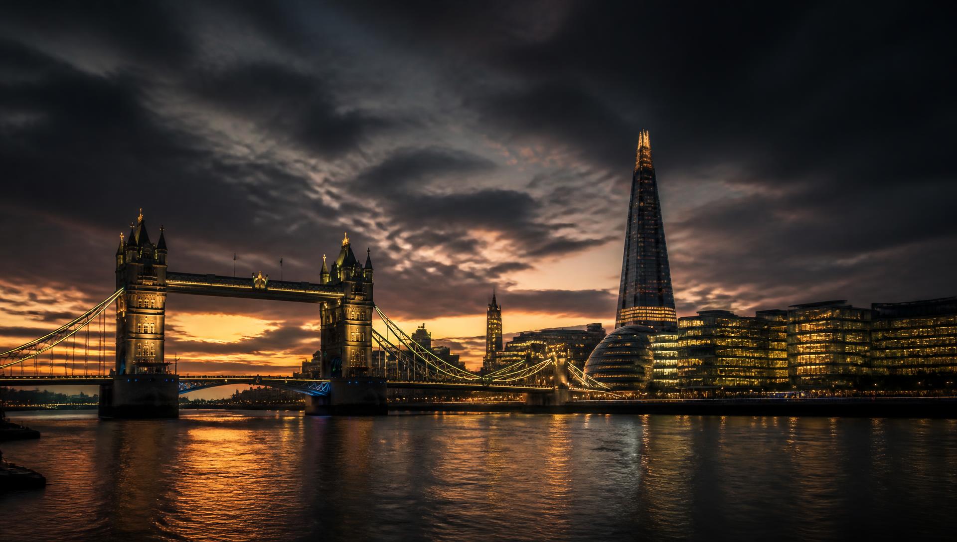 London skyline at dusk with Tower Bridge and the Shard